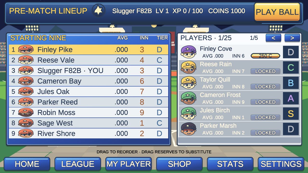 Starting nine and recruitable players with batting average, favourite inning and class